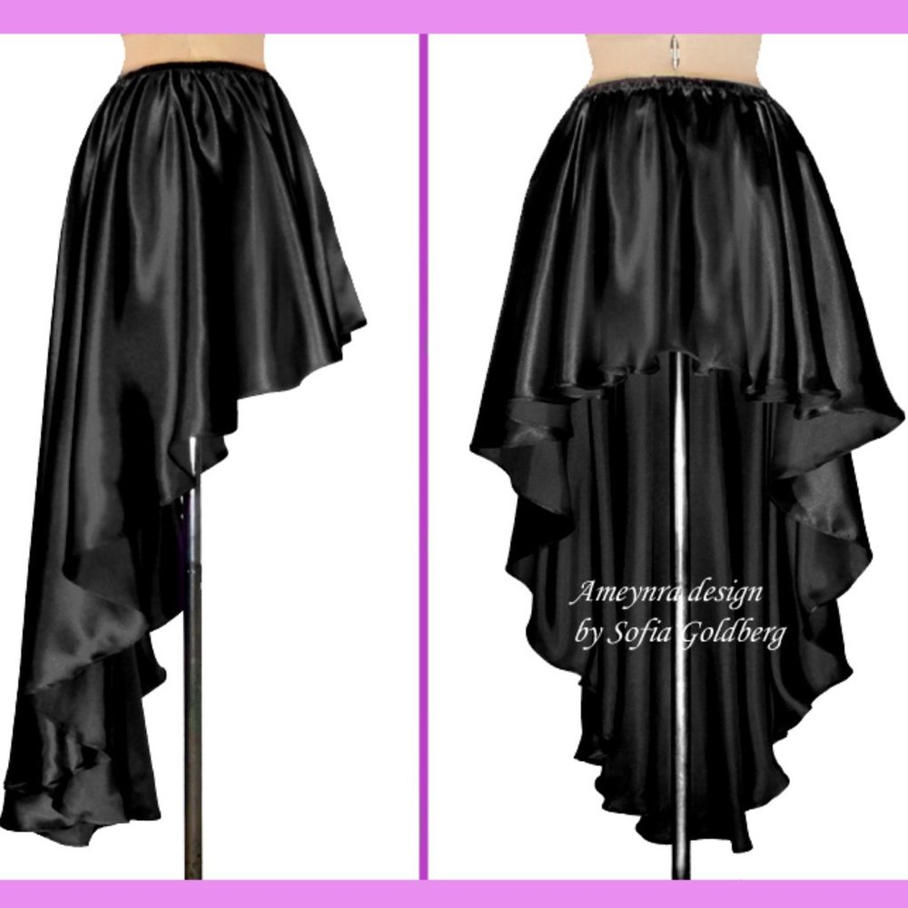 Ameynra High Low Skirt Black Satin. New